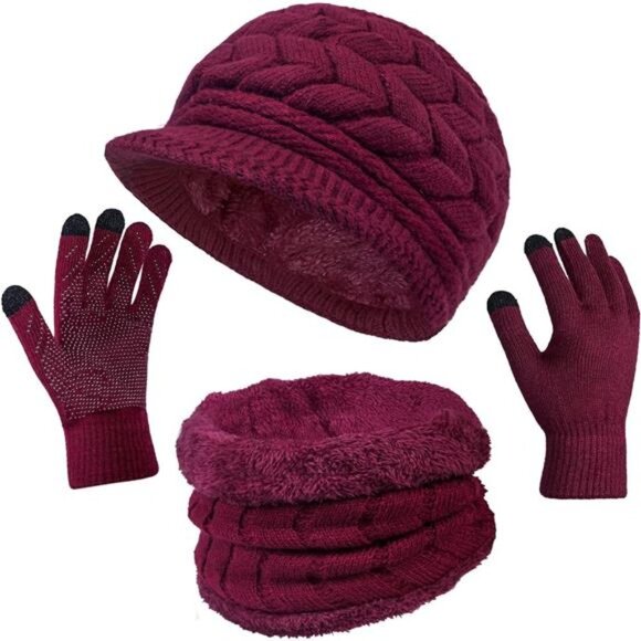 3 PCS Knit Winter Hat Gloves Scarf Set Beanie Neck Warmer‎ Touch Screen Maroon - Picture 4 of 5